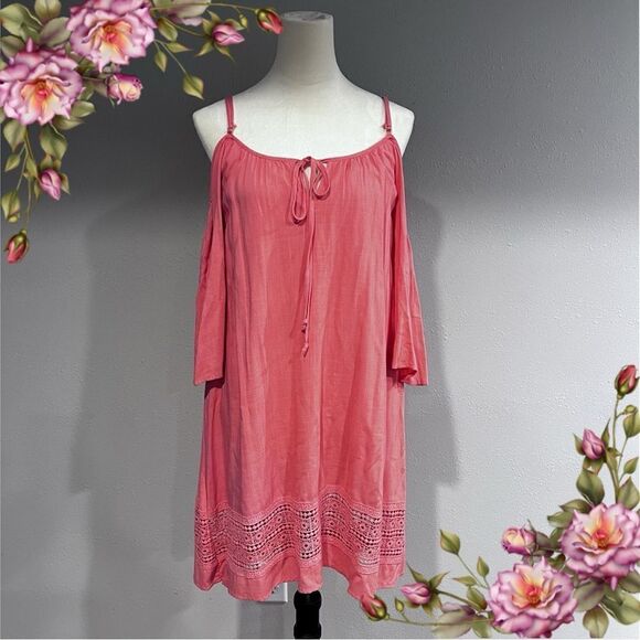 Coral color a-line cold Shoulder short sleeve mini dress with lace details - Picture 1 of 13